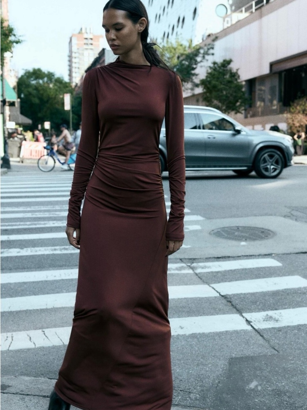 Zara Draped Long-Sleeve Maxi Dress in Tobacco